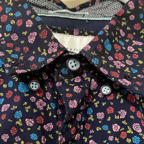 Denim & Flower Men’s Short-Sleeved, Button-Down Navy Floral Rose Slim Fit Shirt - Picture 5 of 8